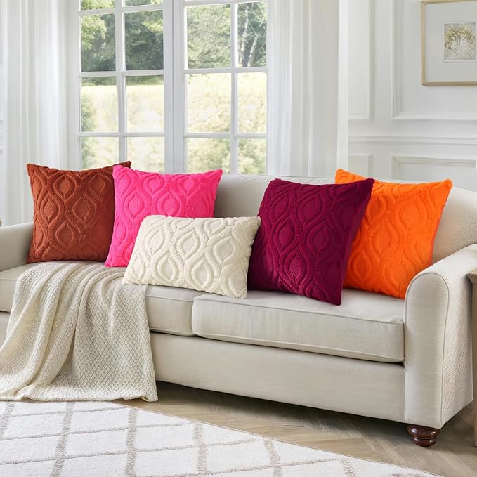 decorUhome Fall Throw Pillow Covers 16x16 Inch Set of 2, Soft Plush Decorative Faux Fur Orange Solid Couch Pillow Covers, Accent Farmhouse Neutral Square Euro Pillow Cases for Sofa Bed Living Room-Ruum Studio Home