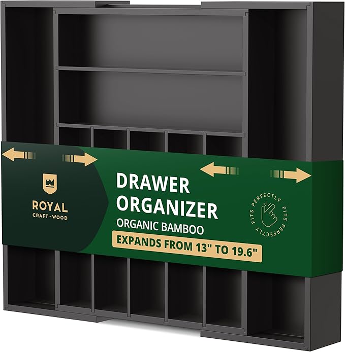 ROYAL CRAFT WOOD Luxury Bamboo Kitchen Drawer Organizer - Silverware Organizer - Utensil Holder and Cutlery Tray with Grooved Drawer Dividers for Flatware and Kitchen Utensils (9 Slot, Black)-Ruum Studio Home