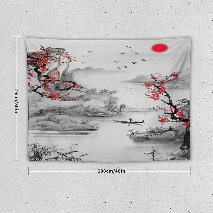 Cherry Blossoms Tapestry, Japanese Red Landscape Watercolor Abstract Art, Asian Japanese Wall Tapestry, Nature Landscape Tapestries for Bedroom Living Room Decor 40"x30"-Ruum Studio Home