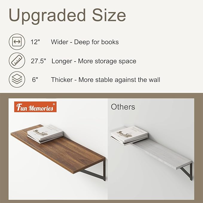 Fun Memories 27.5" W x12 D Floating Shelves, Large Wall Shelves 27.5 Inch Long, Set of 2, Farmhouse Wood Floating Shelf Wall Mounted, Deep Shelves for Bathroom, Living Room, Kitchen, Walnut Color-Ruum Studio Home