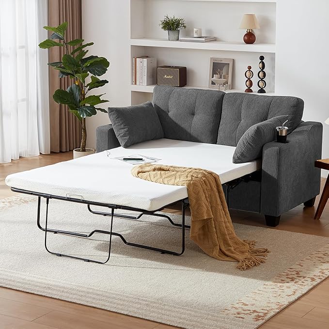 Pull Out Sofa Bed, Full Size Sleeper Sofa, 2-in-1 Convertible Corduroy Couch with USB Charging, Memory Form Couch for Living Room, Apartment and Small Space (Dark Grey, Corduroy - Full Size)-Ruum Studio Home