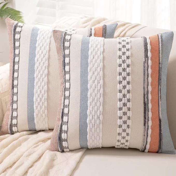 Boho Throw Pillow Covers 18x18 Set of 2 Farmhouse Decorative Cushion Case Striped Square Pillows Cover Chenille Pillow Cases Accent Neutral Pillowcase for Sofa Couch Bed,Orange-Blue-Ruum Studio Home