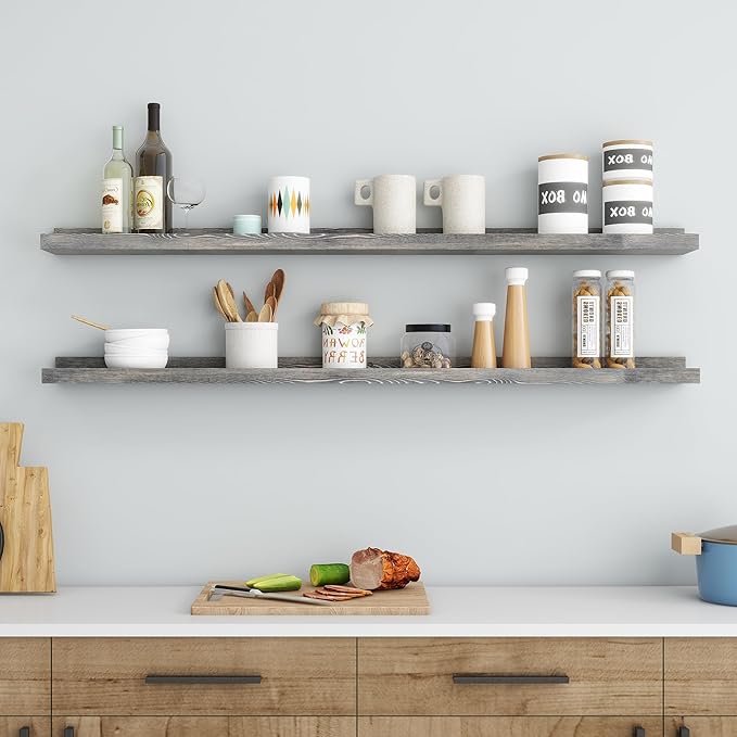 48 Inch Long Floating Shelves for Wall, Solid Pine Wood Picture Ledge Shelves with Lips, Nursery Book Shelves for Toys Storage Living Room Bedroom Photo Frames (2 Pcs, Grey)-Ruum Studio Home