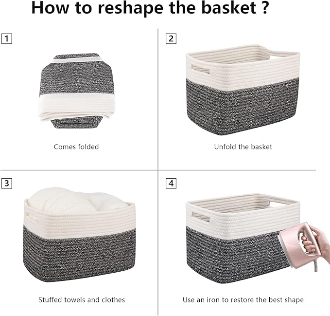OIAHOMY 4 Pack Storage Baskets for Organizing, Basket for Shelves with Handle, Woven Baskets for Storage Toys, Towels, Books, Cotton Rope Basket 13" L x 9 " W x 7.8 " H, Black & White-Ruum Studio Home