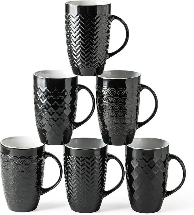 AmorArc Large Coffee Mugs Set of 6, 20oz Ceramic Tall Coffee Mugs Set with Textured Geometric Patterns for Latte/Tea/Beer/Hot Cocoa, Dishwasher & Microwave Safe, Black-Ruum Studio Home