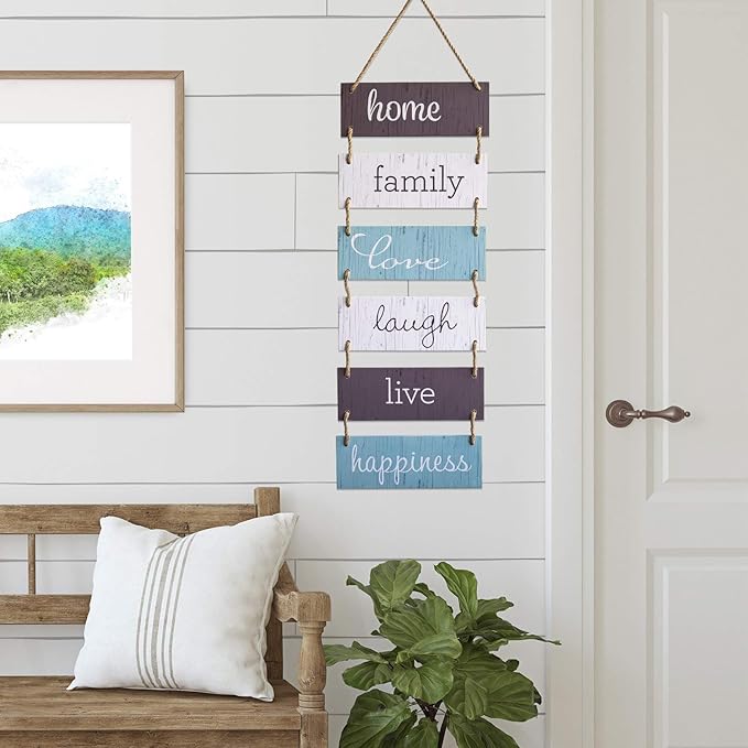 EXCELLO GLOBAL PRODUCTS Large Hanging Wall Sign: Rustic Wooden Decor (Home, Family, Love, Laugh, Live, Happiness) Hanging Wood Wall Decoration (11.75" x 32")-Ruum Studio Home