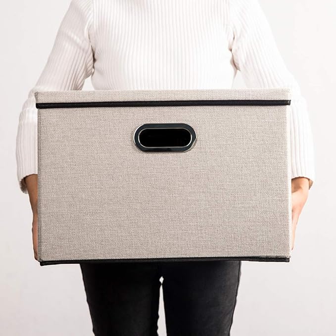 PRANDOM Large Foldable Storage Bin with Lid [1-Pack] Linen Fabric Decorative Storage Box Organizer Container Basket Cube with Handles Divider for Closet Office Living Room Light Grey(17.7x11.8x11.8)-Ruum Studio Home