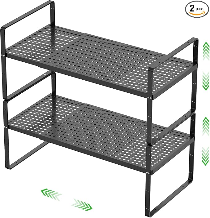 Expandable Cabinet Storage Shelf Stackable Organizer Rack for Kitchen Bathroom Pantry Spice Cupboard Coffee Countertop Home Office Desk Heavy Duty Nonslip Black Large 2 Packs-Ruum Studio Home
