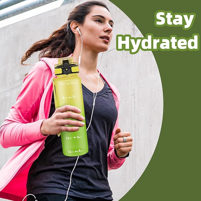 OLDLEY 32 oz Water Bottle, Motivational Water Bottle with Time Marker, Sports Water Bottle With Strap, Leakproof & BPA Free Large Water Bottles for School, Gym, Travel, Outdoor, Tritan,Yellow&Green-Ruum Studio Home