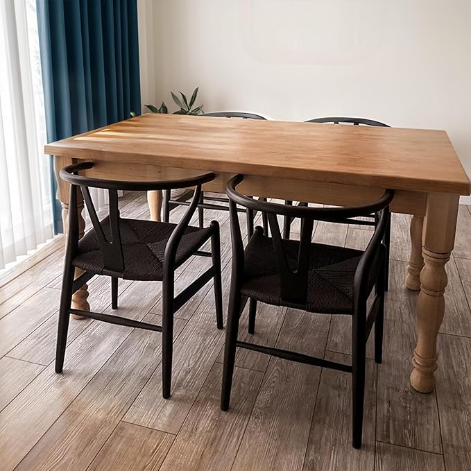 Wishbone Chair Natural Solid Wood Dining Chair/Hans Vegner Y Chair Rattan and Wood Accent Armrest Chairs Set of 4 (Ash Wood - Black)-Ruum Studio Home