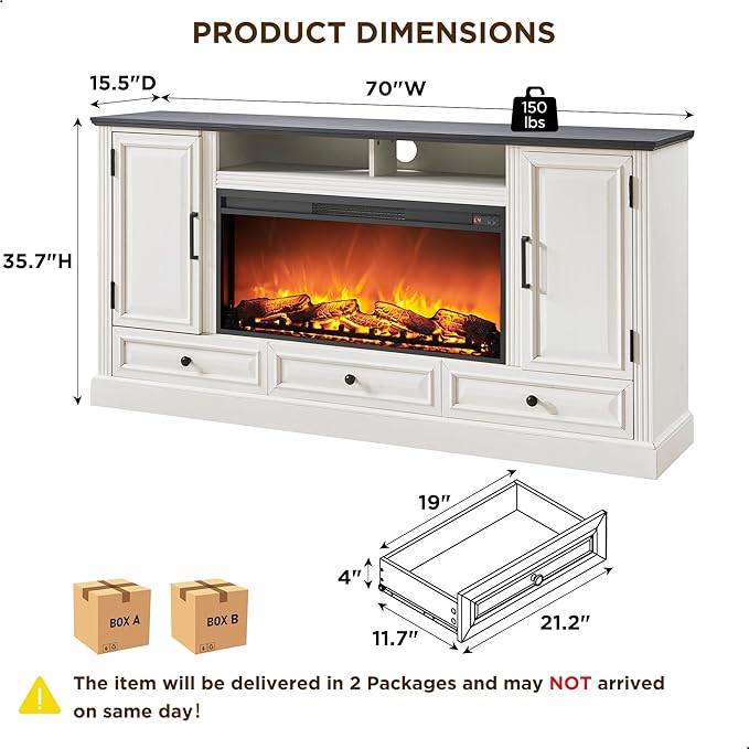 Fireplace TV Stand for 80 Inch TV, 35.7" Tall Farmhouse Entertainment Center W/36'' Electric Fireplace, Media Console with Large Storage Cabinets and Drawers for Living Room, Antique White-Ruum Studio Home