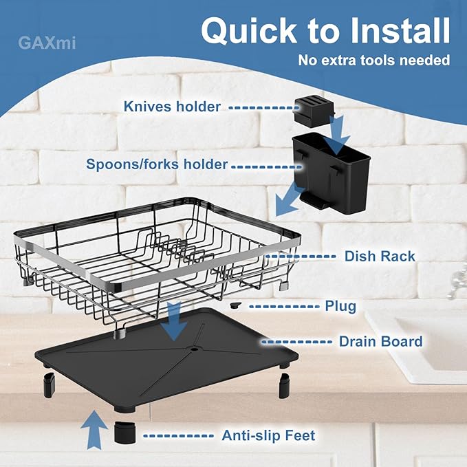GAXmi Dish Drying Rack Over The Sink Drainer with Drainboard Utensil Holder, 1-Tier Grey-Ruum Studio Home