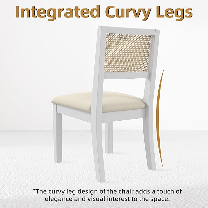 Westice Rattan Dining Chairs Set of 6, Farmhouse Natural Dining Room Chairs with Upholstered Cushion, Wood Armless Chairs for Kitchen/Restaurant, White-Ruum Studio Home