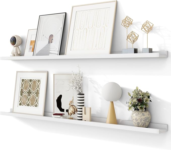 Solid Ash Wood Picture Ledge Shelf, Floating Shelves Set of 2, 56 Inch Long Large Ledge Shelves, Nursery Book Shelves Wall Mounted for Living Room Bedroom Kitchen Decor Kids Bookshelf, White-Ruum Studio Home