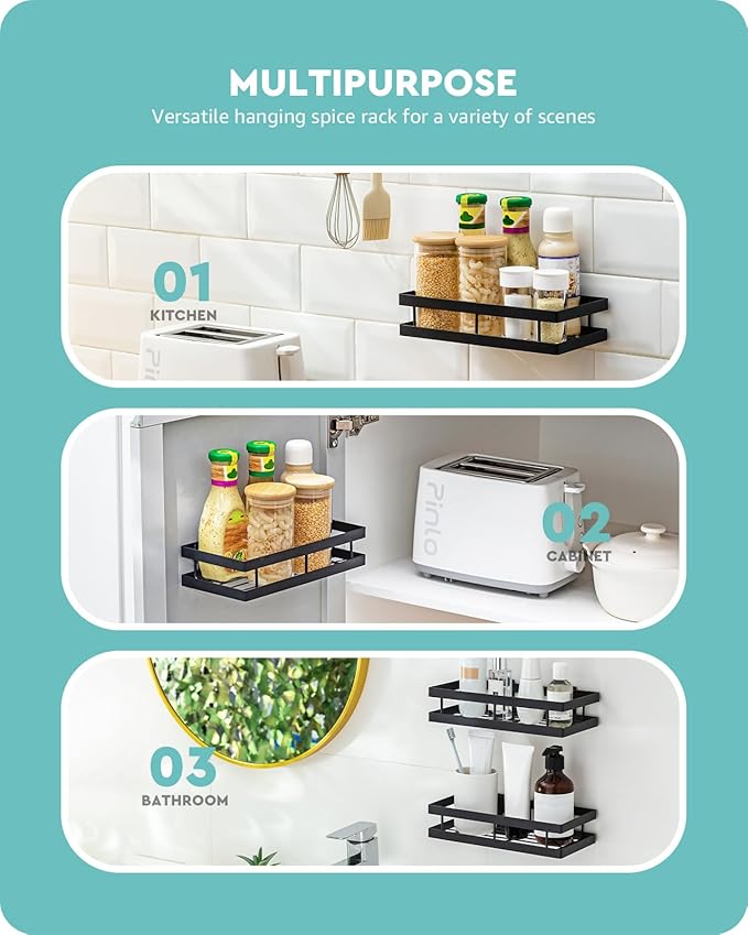 Metal Spice Rack Wall Mount Floating Shelves 2 Pack Black Storage organizer for Cabinet Door Pantry Kitchen Bathroom Supplies (13.7inches length)-Ruum Studio Home