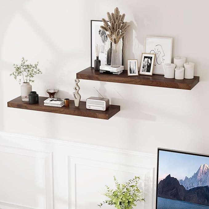 Fun Memories Rustic Wood Floating Shelves for Wall, 36 x 9 Wall Shelves Set of 2, Deep Floating Shelf for Kitchen, Living Room Storage & Display, Deep Wooden Bookshelf, Walnut Color-Ruum Studio Home