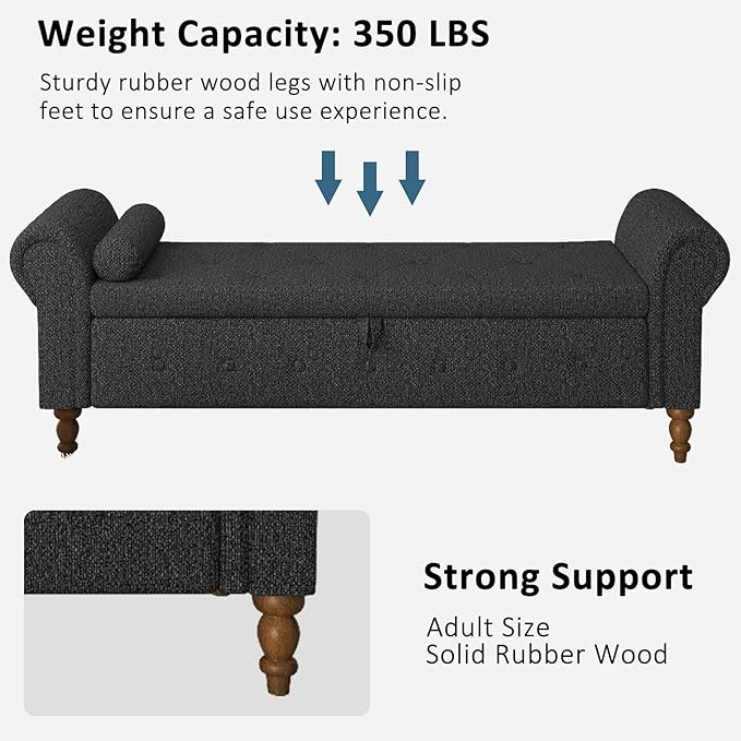 Storage Ottoman Bench for Bedroom, 63" End of Bed Bench with Rolled Arms Upholstered Ottoman Bench Fit for Bedroom, Living Room, Entryway, Linen Dark Gray-Ruum Studio Home