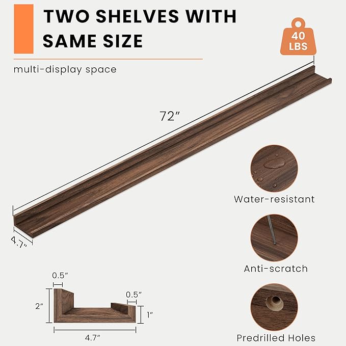 Heimlove Picture Ledge Shelf, Floating Shelves Set of 2, 72 Inches Long Large Picture Shelf for Wall with Ledge, Kids Bookshelf Wall Mounted for Living Room Bedroom Decor Books Photo Frames, Walnut-Ruum Studio Home