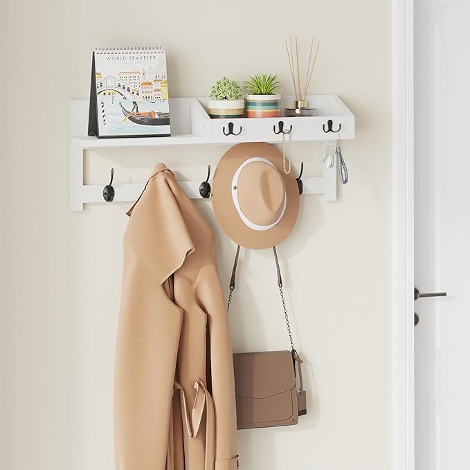 AMBIRD 26.57-Inch Wall Hanging Shelf With Coat Hooks - Entryway Wood Rack With 5 Dual Hooks, 3 Key Hooks, Mail Organizer and Key Holder (White)-Ruum Studio Home