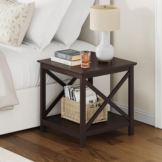 ChooChoo End Table, 24 Inch End Table with 2-Tier Storage Shelf, Side Table for Living Room, Wood Nightstand for Bedroom, Office, Painted Surface, Espresso-Ruum Studio Home