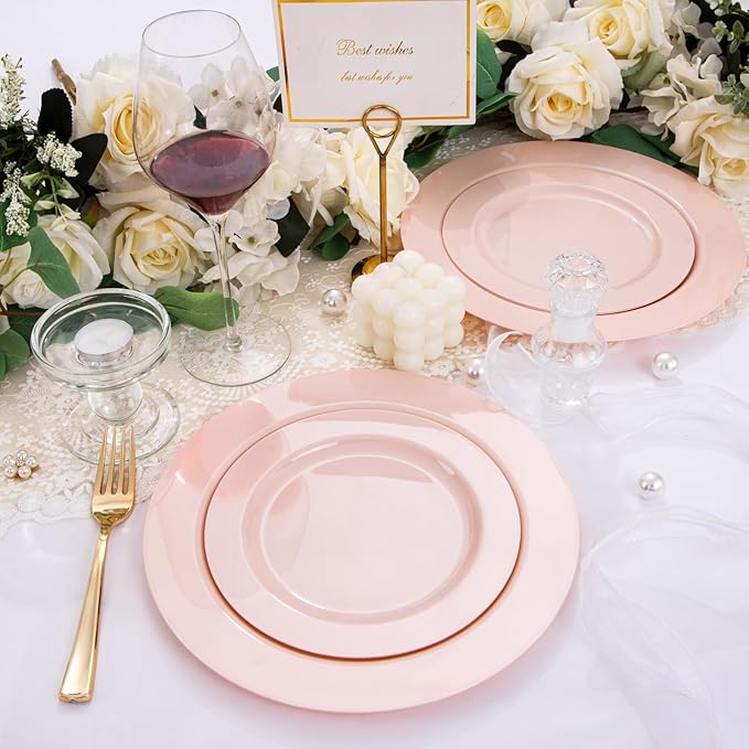 FLOWERCAT 60PCS Pink Plastic Plates - Heavy Duty Pink Plates Disposable for Party/Mother's Day/Wedding - serving 30 guests Include 30PCS 10.25inch & 30PCS 7.5inch-Ruum Studio Home