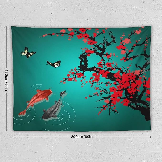 Houselerax Japanese Koi Fish Tapestry, Cherry Blossoms Asian Oriental Green Teal Floral Branch Koi Fish Carp Tapestries Wall Hanging for Bedroom Living Room Office Decor 80"x60"-Ruum Studio Home