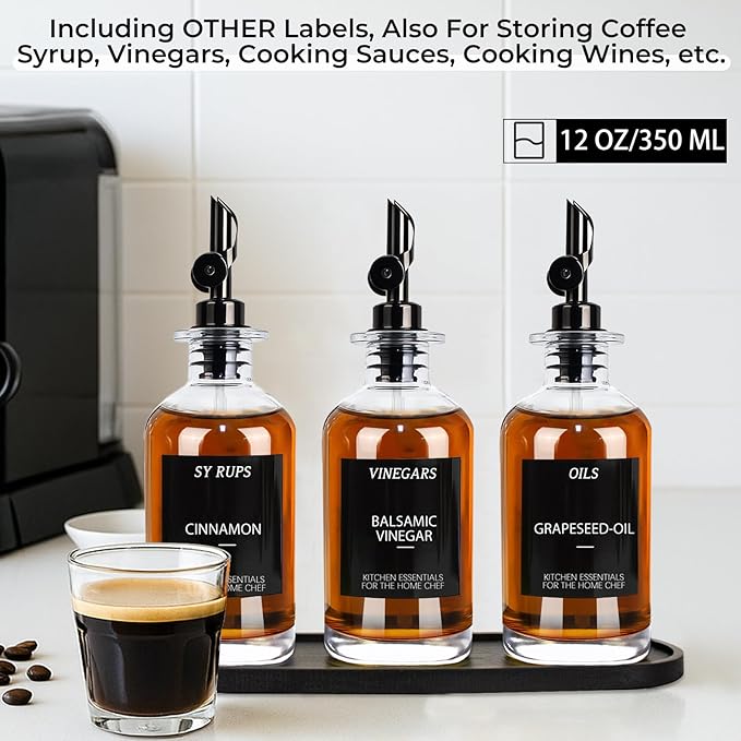 3PCS Olive Oil Dispenser Bottle For Kitchen, Soy Sauce Dispenser, Glass Oil and Vinegar Dispenser Set W. Wooden Tray & Labels & 3 Replacement Spouts, Coffee Syrup Dispenser-Ruum Studio Home