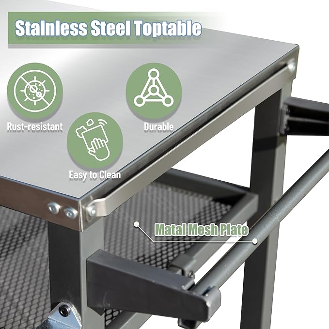 Domi 3-Shelf Outdoor Grill Table, Grill Cart with Wheels, Outdoor Pizza Oven and Food Prep Table, Blackstone with Stainless Steel Tabletop, BBQ Stand for Blackstone Griddle for Outside BBQ-Ruum Studio Home