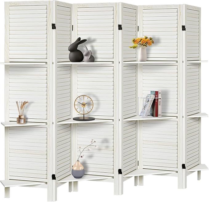 Room Divider with Shelves, Privacy Screen, Room Dividers and Folding Privacy Screens, 6 Panel Wood Temporary Wall Partition Separation Separator, White-Ruum Studio Home