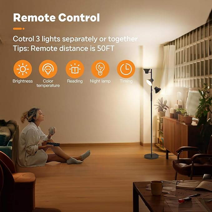 LED Floor Lamp, 36W Modern Floor Lamp with Remote & Touch Control, 4 Color Temperatures, Standing Lamp with 3 Rotatable Lights, Floor Lamps for Living Room, Bedroom, Office-Ruum Studio Home