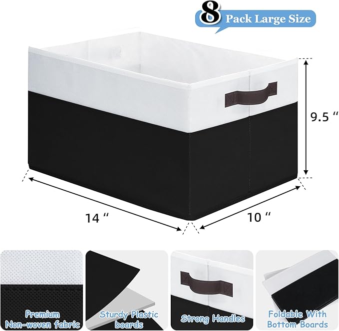 Criusia 8 Pack Large Storage Baskets for Room Organization, Multi-Purpose Bins for Closet, Shelves, Kitchen, Office, Decorative Fabric Foldable Storage Boxes with Handles (14L*10W*9.5H)-Ruum Studio Home
