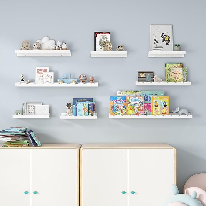 Fun Memories Picture Ledge Shelf for Wall, 36 inch Pine Wood Nursery Book Shelves Set of 2- Wall Book Shelves for Kids Room, Home Decor - Kitchen Spice-White-Ruum Studio Home