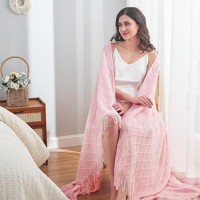 inhand Knitted Gift Throw Blankets for Couch and Bed,Valentines Day Decor Blanket for Her Him Girlfriend Wife, Pink Romatic Lightweight Decorative with Tassel, Farmhouse Warm Woven for Women, 50"x60"-Ruum Studio Home