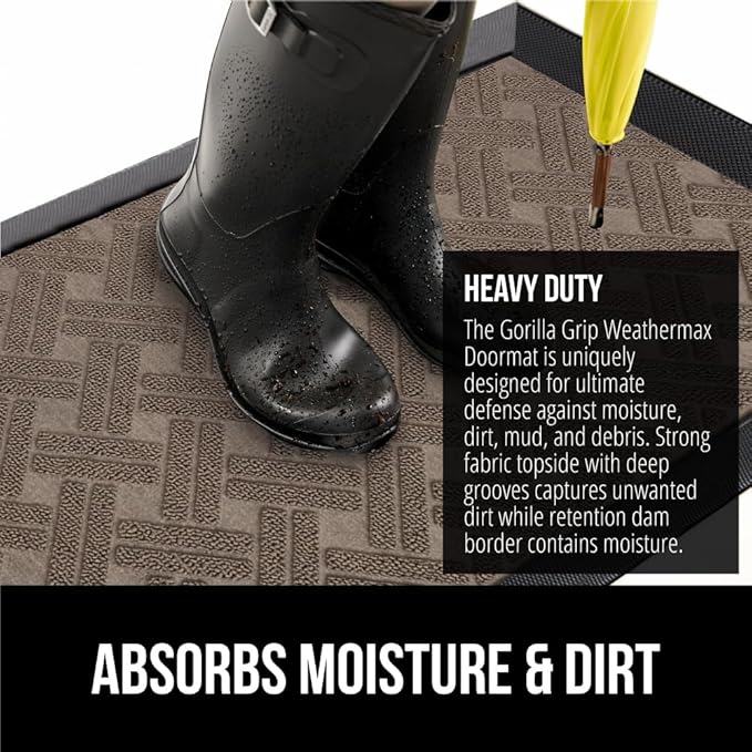 GORILLA GRIP 100% Waterproof All-Season WeatherMax Doormat, 72x24, US Designed Natural Rubber, Stain and Fade Resistant, Low Profile Indoor Outdoor Door Mats, Easy Clean Patio Mat, Taupe Basket Weave-Ruum Studio Home
