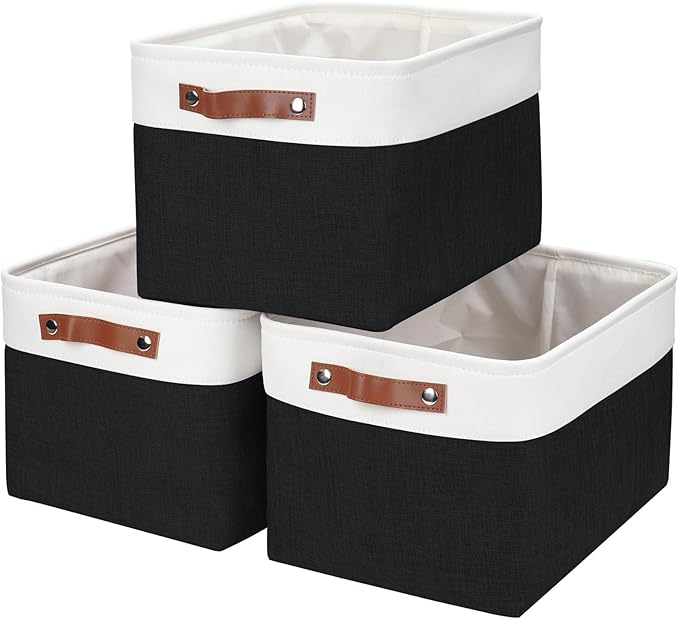 Storage Bins Large Fabric Storage Baskets for Shelves 3 Pack, Decorative Linen Closet Baskets with Handles for Organizing, Shelf, Clothes, Home, Office, 15x11x9.5Inches (Black&White)-Ruum Studio Home