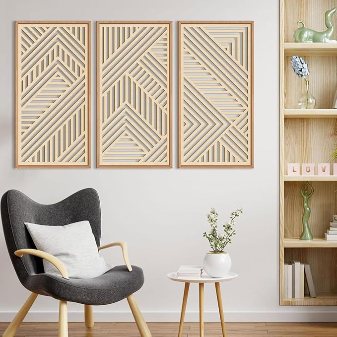 IARTTOP 3 Pieces Wood Boho Wall Art Framed Mid century Modern Wooden Wall Decor Large Minimalist Geometric Line Decor for Living Room Bedroom Office-16 x32-Ruum Studio Home