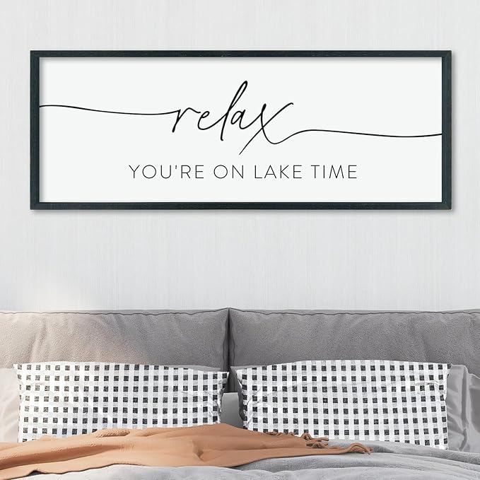 Relax You're On Lake Time Sign Wall Decor 40"×15" Lake House Bedroom Large Wood Framed Hanging Wall Art (Black)-Ruum Studio Home