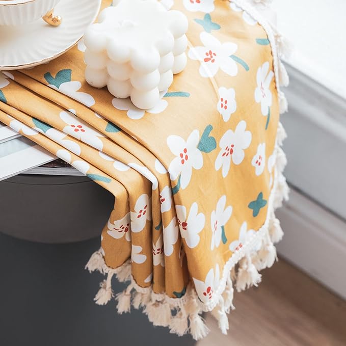 Sutuo Home Boho Curtain Semi-Blackout Yellow Florals Print Cotton Linen Fabric, Handmade Tassels Rod Pocket Bohemian Farmhouse Country Window Drapes for Living Bedroom, 59" W x 84" L, 1 Panel-Ruum Studio Home