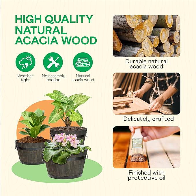 IDZO Set of 3 Wooden Flower Planters for Outdoor Plants, Acacia Wood Barrel Planters, Ergonomic Handles, Drainage Holes, Various Sizes, Black-Ruum Studio Home