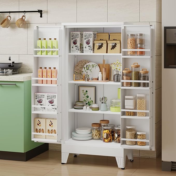 51" H Metal Kitchen Pantry Storage Cabinet, Freestanding Cupboard Storage Cabinet with Doors and Adjustable Shelves, Large Stand Up Food Cupboard for Living Room, Dinning Room, White-Ruum Studio Home