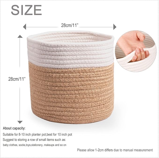 11" Cotton Rope Plant Basket Modern Woven Baskets for 10" Flower Pot Floor Indoor Planters,Storage Organizer Baskets Home Decor,Brown White 11"x 11"-Ruum Studio Home
