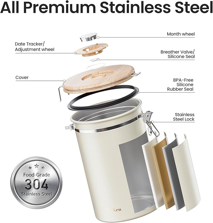 Veken Coffee Canister, 39OZ Large, Airtight Stainless Steel Food Storage Container for 2.2lbs Coffee Beans, Ground, Sugar, Tea, Flour, Rice, Cereal, Cookies Jars, Bar Accessories & Gifts, Cream-Ruum Studio Home