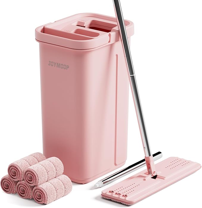 JOYMOOP Pink Mop and Bucket with Wringer Set for Home, with 5 Reusable Microfiber Mop Pads, Hands-Free Self-Cleaning System, Suitable for Floor Cleaning and Wall Cleaner-Ruum Studio Home
