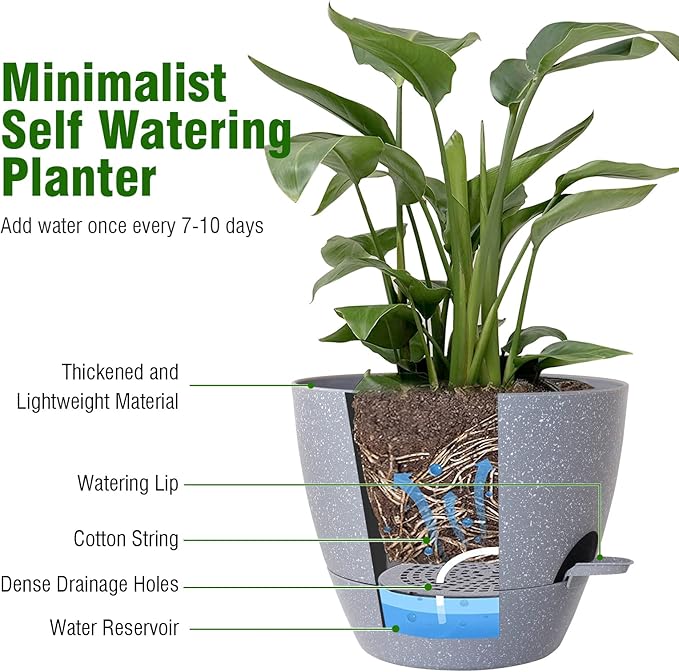 Big Self Watering Pots 12/10/9 inch, Planter, Plant Pots with Mesh Drainage Holes for Indoor Outdoor Garden Plants, Plastic Flower Pots with Removable Deep Reservoir, Speckled Grey-Ruum Studio Home