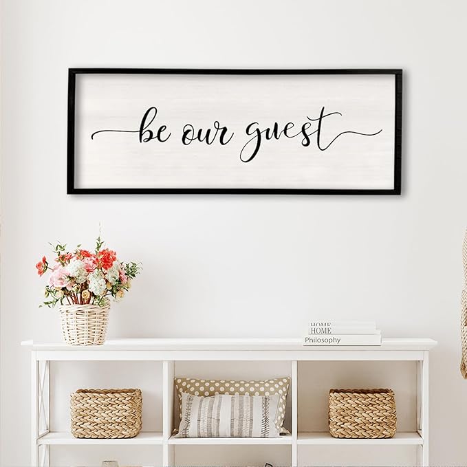 comurdyo Be Our Guest Wall Decor Sign 40”X15” Large Master Bedroom Above Bed Wall Decor Wood Framed Guest Room Sign Simple Rustic Farmhouse Over Bed Bedside Wall Art (Black)-Ruum Studio Home