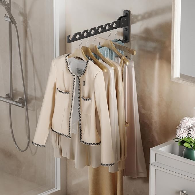 Wall Mount Coat Hanger Holder Black Clothes Drying Organizer Rack Garment Hooks Aluminium Retractable Folding Indoor Wall Mounted Hanger Space Saver for Laundry Room Bedroom Black 2 Pack with 8 Hooks-Ruum Studio Home