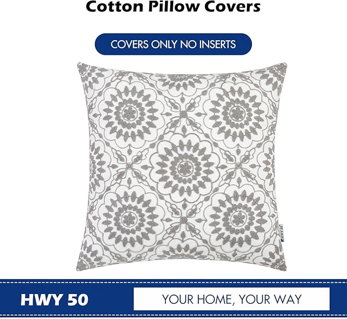 HWY 50 Gray Grey Decorative Throw Pillow Covers 18x18 Inch (1 Piece), Embroidered Cotton Farmhouse Cushion Cover Pillow Case for Sofa Couch Living Room Bed, Little Sunflower-Ruum Studio Home