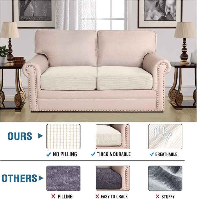 H.VERSAILTEX Super Stretch Individual Seat Sofa Covers Couch Slipcover Sets Thick Jacquard Textured Twill Fabric (2 Piece Medium Sofa Cushion Covers, Natural)-Ruum Studio Home