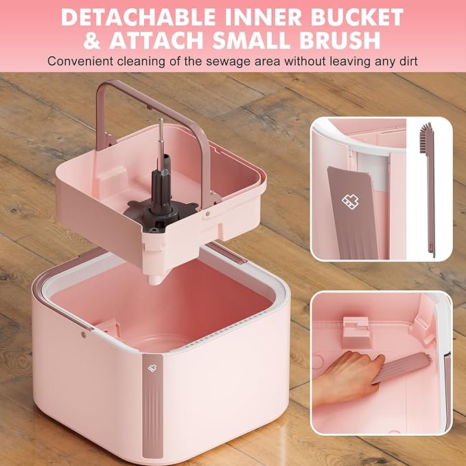 Upgraded Spin Mop and Bucket Set Self-Standing Mop Bucket Separate Dirty and Clean Water System Self Wringing 360° Rotating 90° Foldabl Mops and Buckets for Floor Cleaning (Pink, 2Pads)-Ruum Studio Home