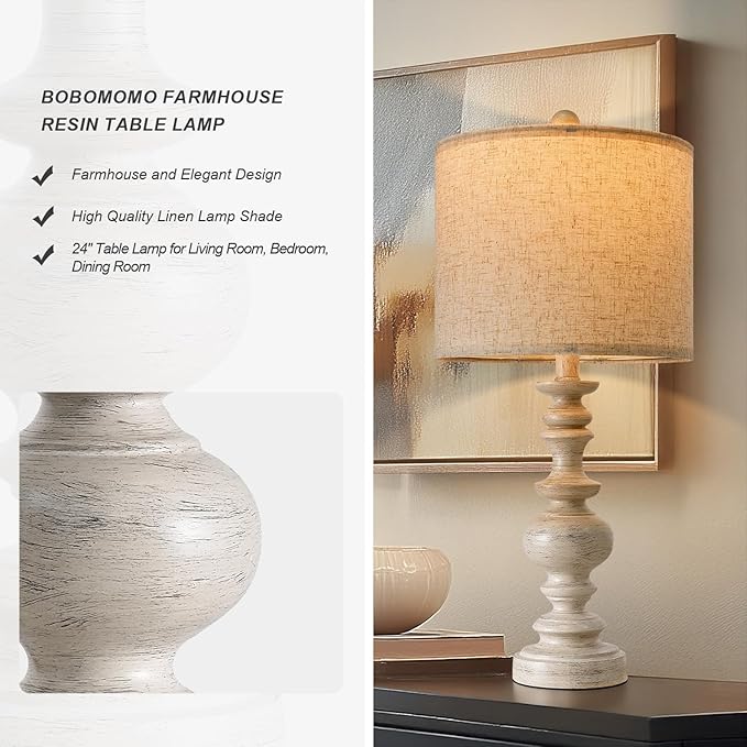 BOBOMOMO 24" Farmhouse Resin Table Lamp Set of 2, Vintage Lamps for Living Room Bedroom with Linen Shades, Traditional Rustic Bedside Lamps Retro Table Lamps for Living Room, Bedroom, Office-Ruum Studio Home